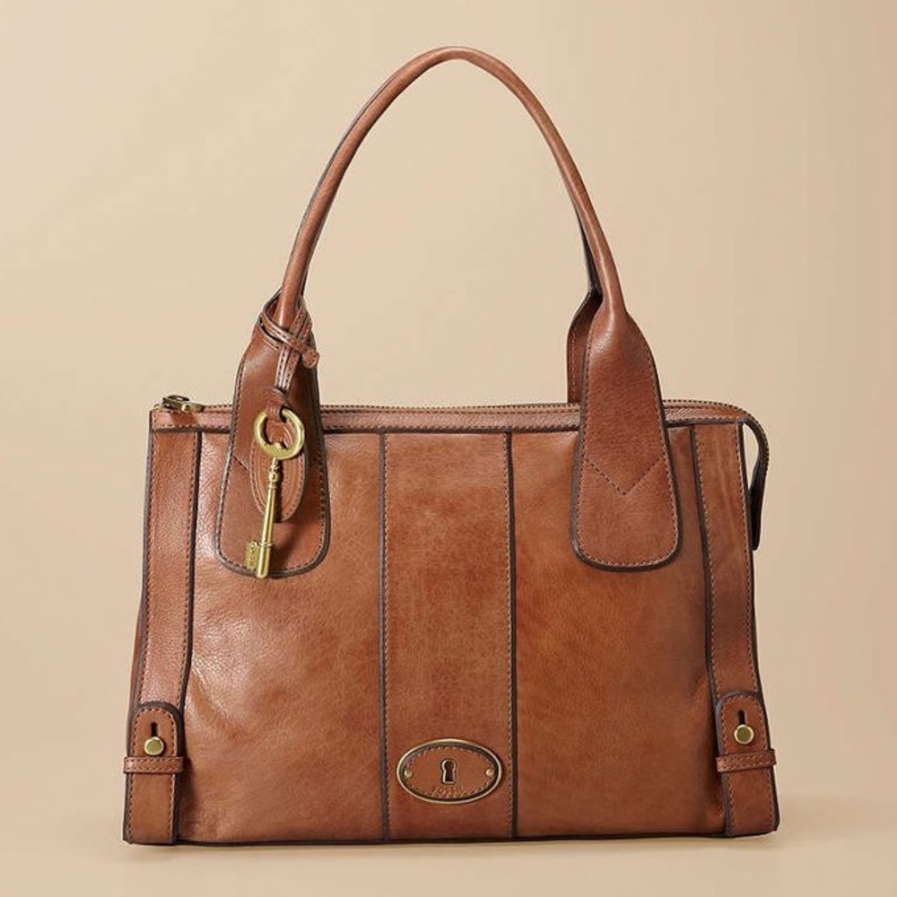 Fossil Satchel Bag Large Structured Genuine Leather Double Strap Key Charm Brown